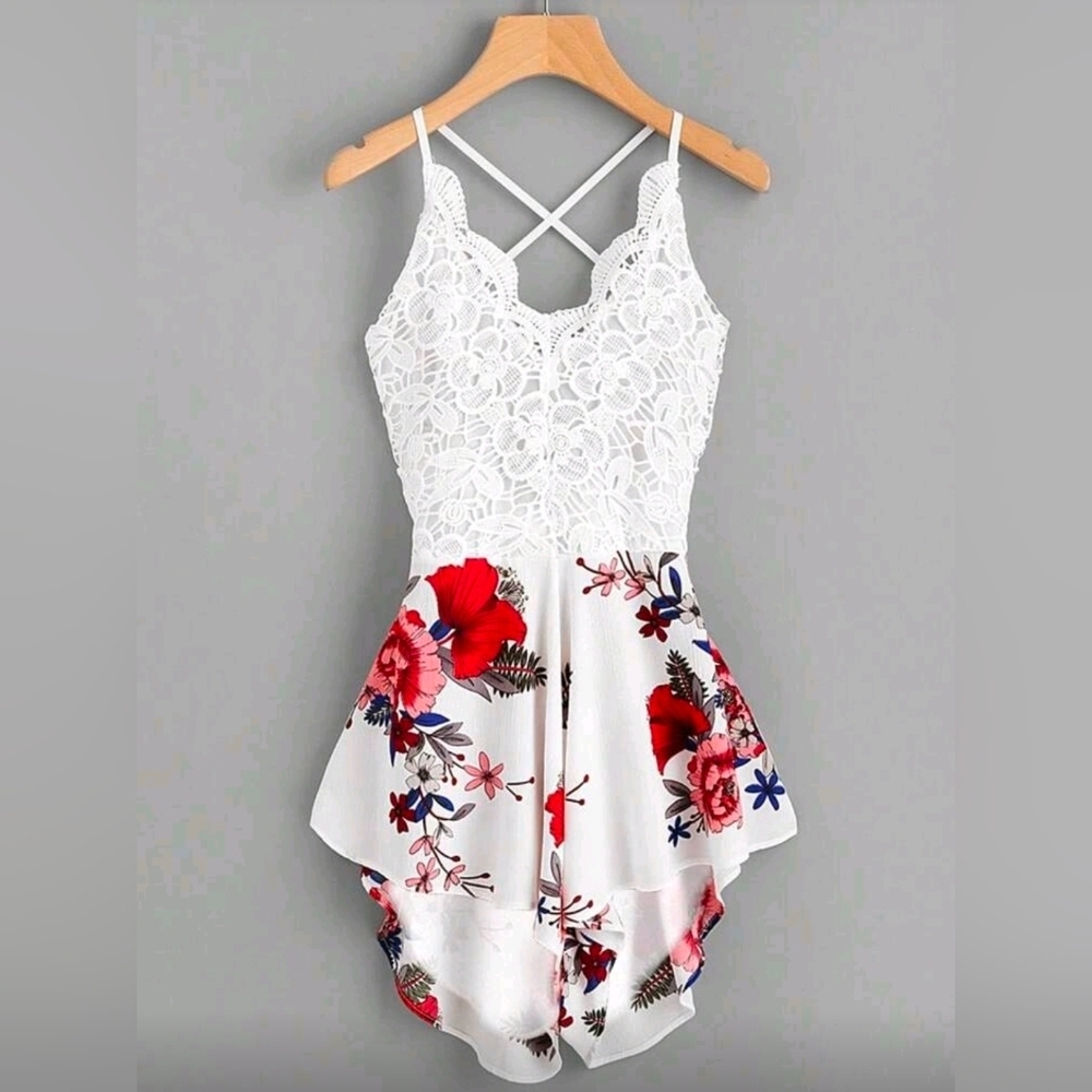 SHEIN Crochet Lace Self-Tie Floral Romper